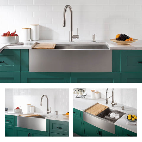 KORE Workstation 30 Single Bowl SS Farmhouse Kitchen Sink - Bowed Front