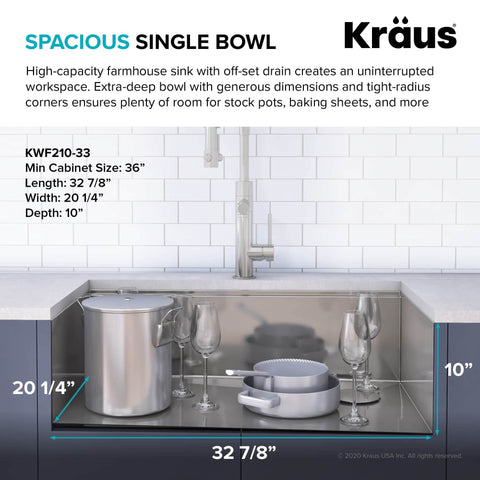 KORE Workstation 33 Single Bowl SS Farmhouse Kitchen Sink - Bowed Front