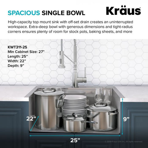 Kore 25 Drop In /Top Mount Workstation 16 GA Sgle Bowl Stainless Steel Kitchen Sink W/ Accessories