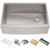 KORE Workstation 30 Single Bowl SS Farmhouse Kitchen Sink - Bowed Front
