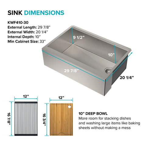 KORE Workstation 30 Apron Front SS Single Bowl Kitchen Sink - FLAT FRONT