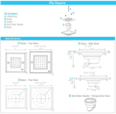 RIA 4" SQUARE Shower Drain - Satin Chrome