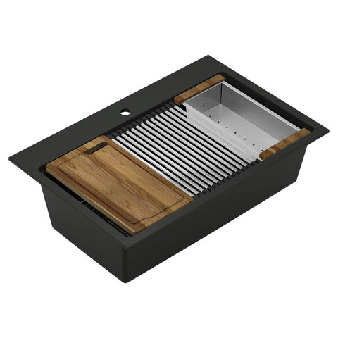 Moen® Luxe Chef™ Workstation 33" Matte Black Granite Dual Mount Single Bowl Sink With Accessories