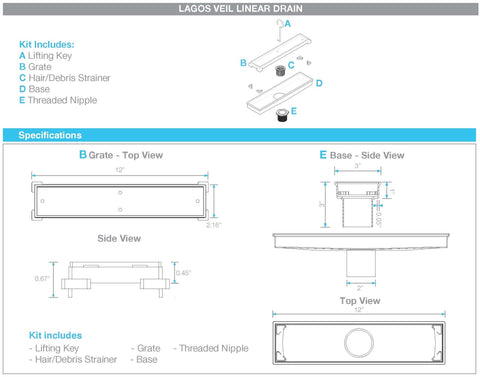 VEIL (Tile-In) 12" Linear Drain  - Satin Trim