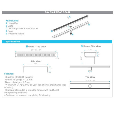 RIA 24" Linear Drain - Satin Chrome