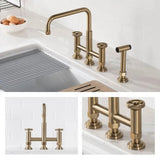 URBIX Industrial Bridge Kitchen Faucet W/Side Sprayer - Brushed Gold