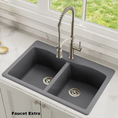 33" Drop-In/Undermount Granite 50/50 Double Bowl Kitchen Sink - Grey